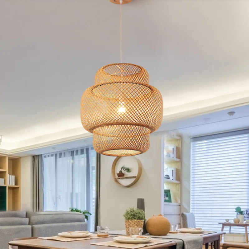 Gelaagde eetkamer hangende hanglamp bamboe 15"/19,5" W Azië-plafondlamp met 1 lichtbron beige Clearhalo