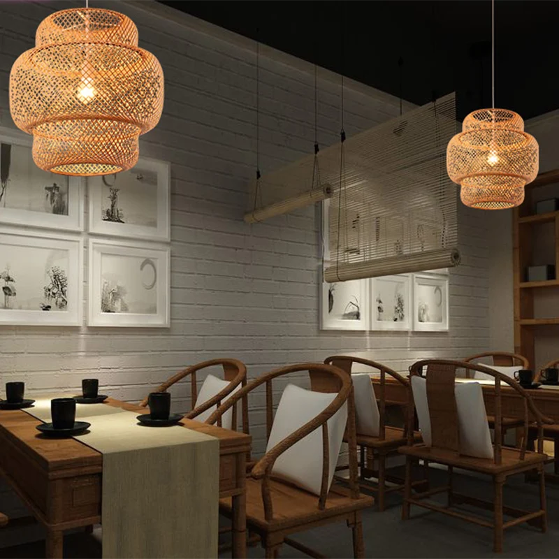 Gelaagde eetkamer hangende hanglamp bamboe 15"/19,5" W Azië-plafondlamp met 1 lichtbron beige Clearhalo