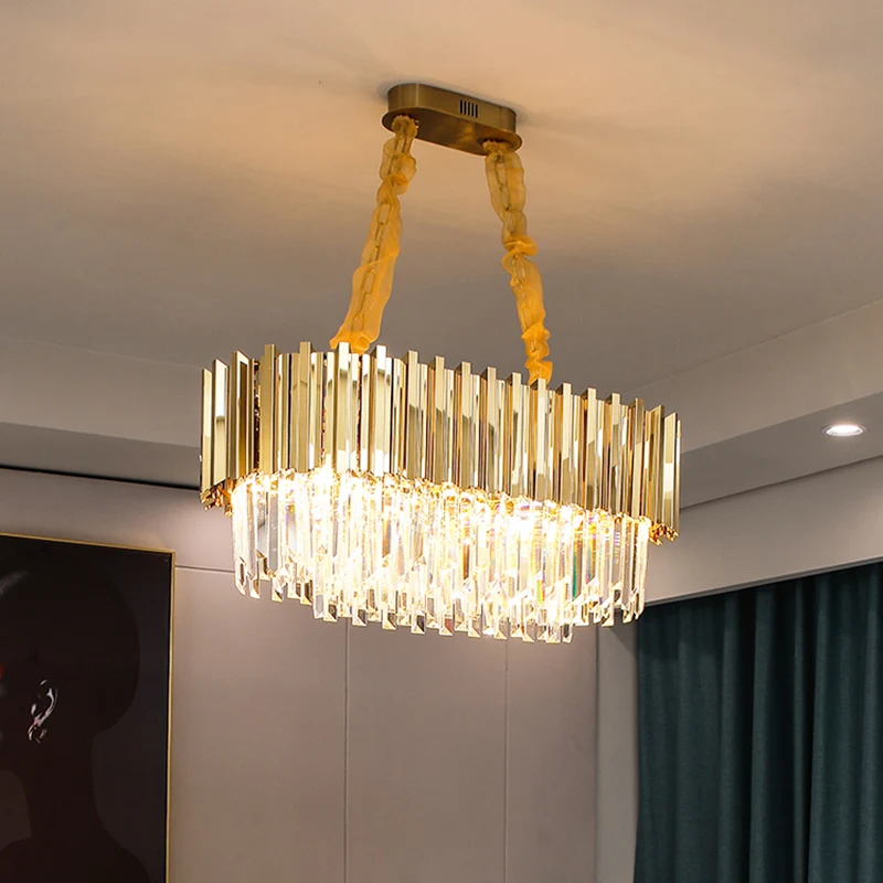 Gelaagde eetkamer plafondgemonteerde kroonluchter prismatisch kristal modern semi-inbouwlicht goud Clearhalo