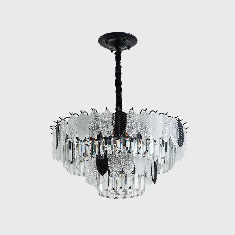 Gelaagde plafondkroonluchter modernistisch kristal 11-lichts zwarte hanglampset met blad acryldetail Clearhalo