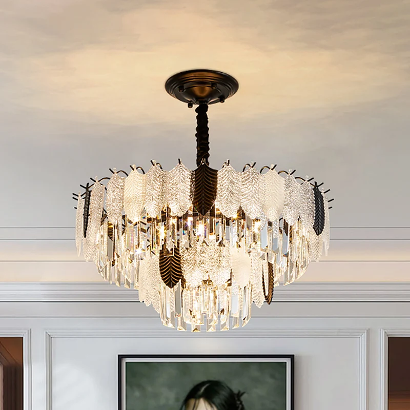 Gelaagde plafondkroonluchter modernistisch kristal 11-lichts zwarte hanglampset met blad acryldetail Clearhalo