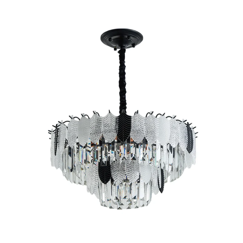 Gelaagde plafondkroonluchter modernistisch kristal 11-lichts zwarte hanglampset met blad acryldetail Clearhalo
