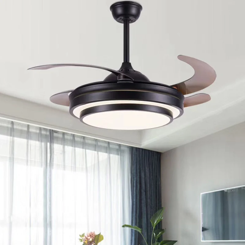 Gelaagde ronde metalen 4 bladen semi-inbouw licht modernisme LED-plafondventilatorlamp voor eetkamer, 19 inch breed Clearhalo