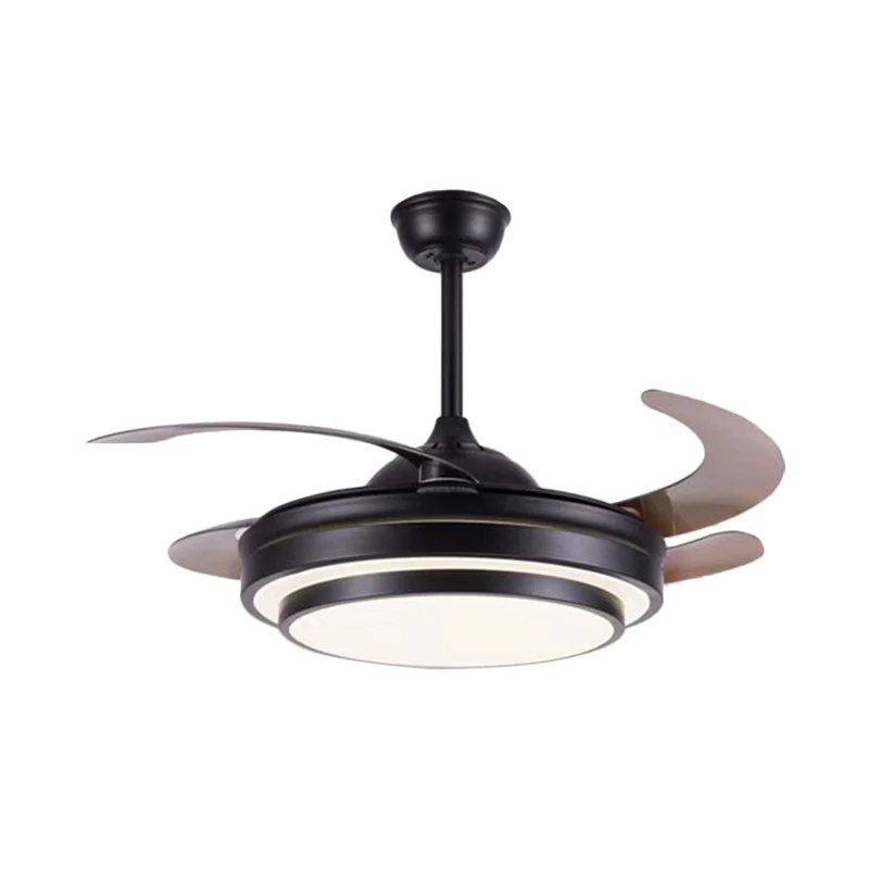 Gelaagde ronde metalen 4 bladen semi-inbouw licht modernisme LED-plafondventilatorlamp voor eetkamer, 19 inch breed Clearhalo