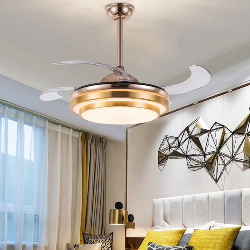 Gelaagde ronde metalen 4 bladen semi-inbouw licht modernisme LED-plafondventilatorlamp voor eetkamer, 19 inch breed Clearhalo