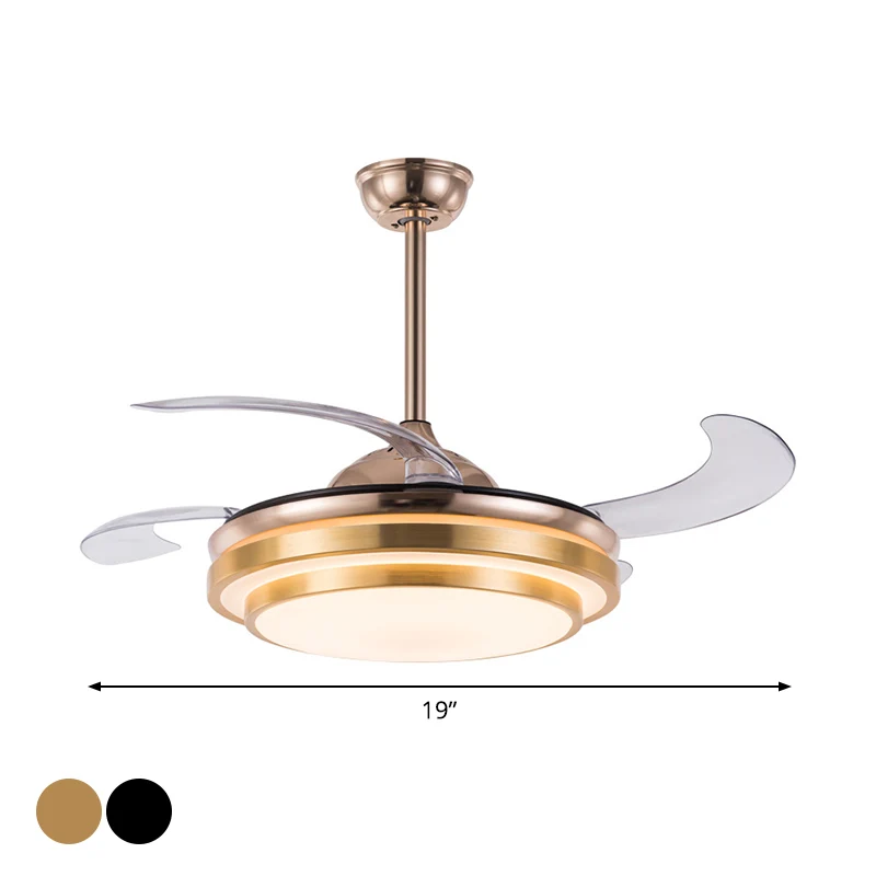 Gelaagde ronde metalen 4 bladen semi-inbouw licht modernisme LED-plafondventilatorlamp voor eetkamer, 19 inch breed Clearhalo