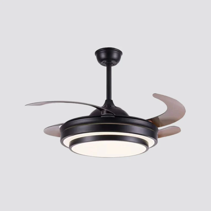 Gelaagde ronde metalen 4 bladen semi-inbouw licht modernisme LED-plafondventilatorlamp voor eetkamer, 19 inch breed Clearhalo