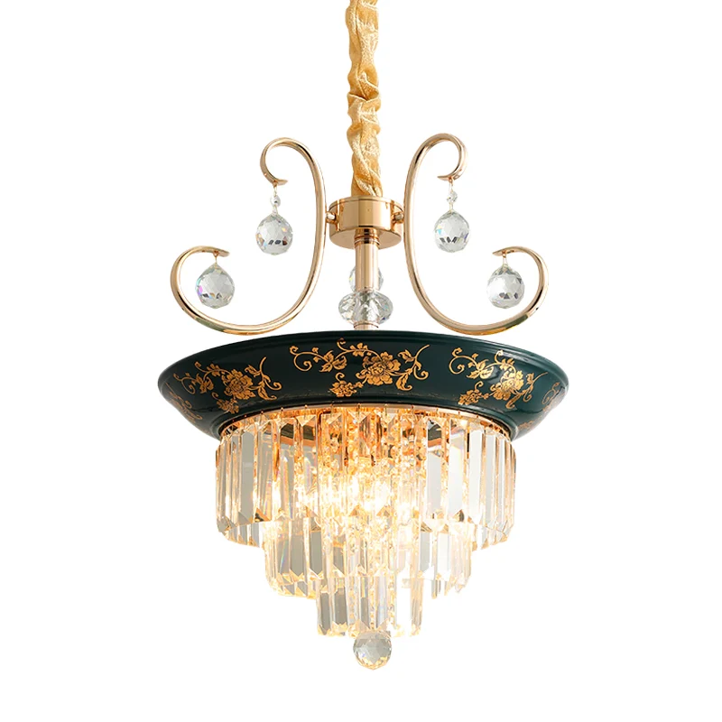Gelaagde, taps toelopende kristallen downlight modernisme 3-lichts eettafel kroonluchterhanger met bloemenrand groen Clear...