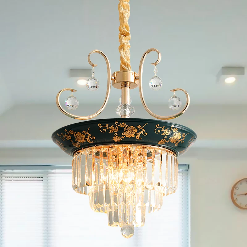 Gelaagde, taps toelopende kristallen downlight modernisme 3-lichts eettafel kroonluchterhanger met bloemenrand groen Clear...