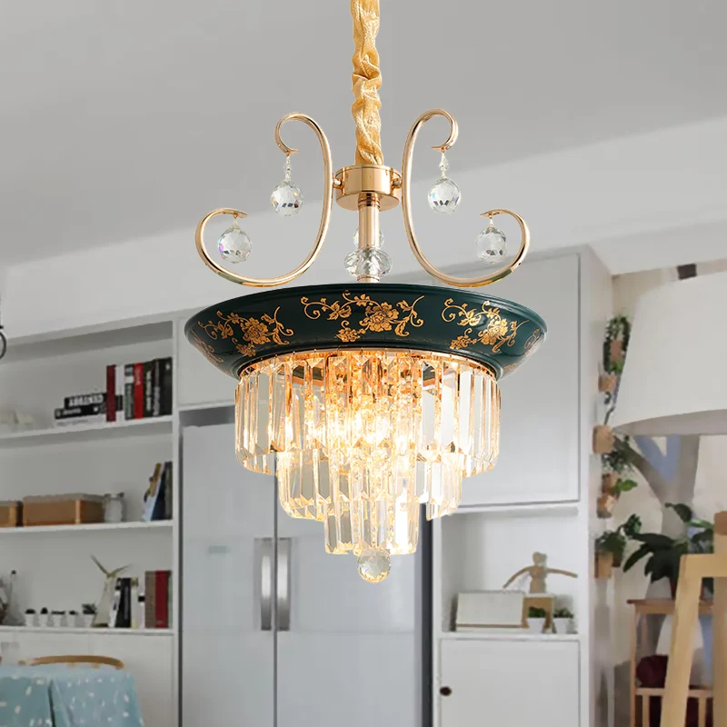 Gelaagde, taps toelopende kristallen downlight modernisme 3-lichts eettafel kroonluchterhanger met bloemenrand groen Clear...