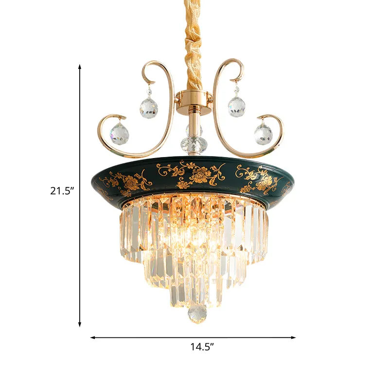 Gelaagde, taps toelopende kristallen downlight modernisme 3-lichts eettafel kroonluchterhanger met bloemenrand groen Clear...