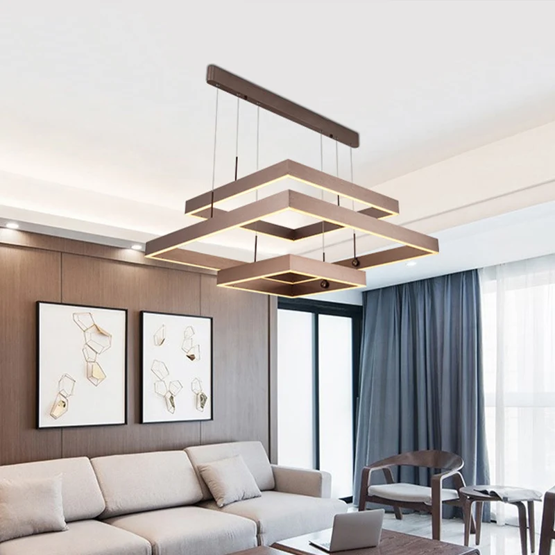Gelaagde vierkante kantoorplafondkroonluchter Aluminium 3-lichts modernistische LED-hanglamp koffie, warm/wit licht Clearhalo