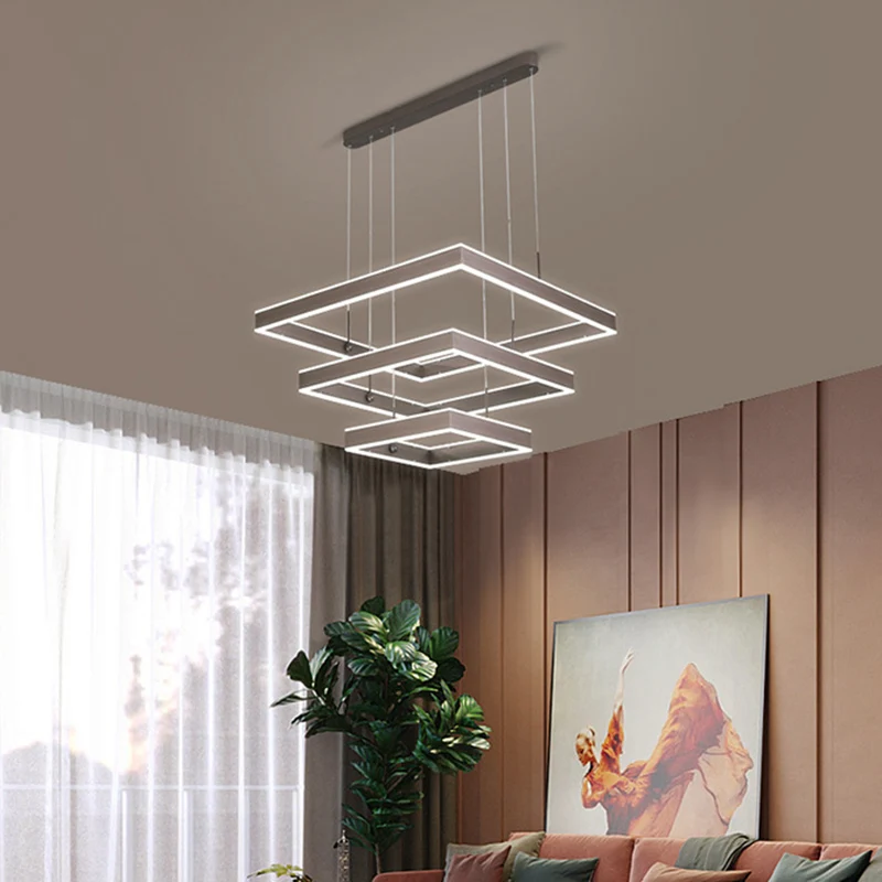 Gelaagde vierkante kroonluchter Light Simplicity Metallic woonkamer LED-hanglamp koffie Clearhalo
