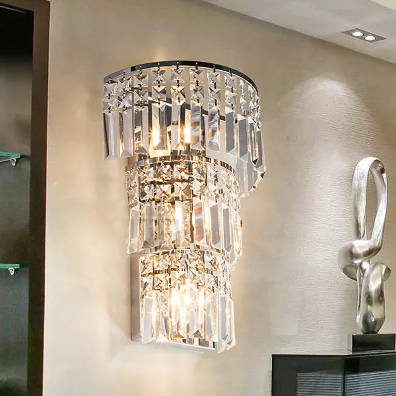 Gelaagde wandverlichtingsarmatuur, vintage stijl, helder kristal, 3 lampen, verchroomde wandkandelaar voor de gang Clearhalo