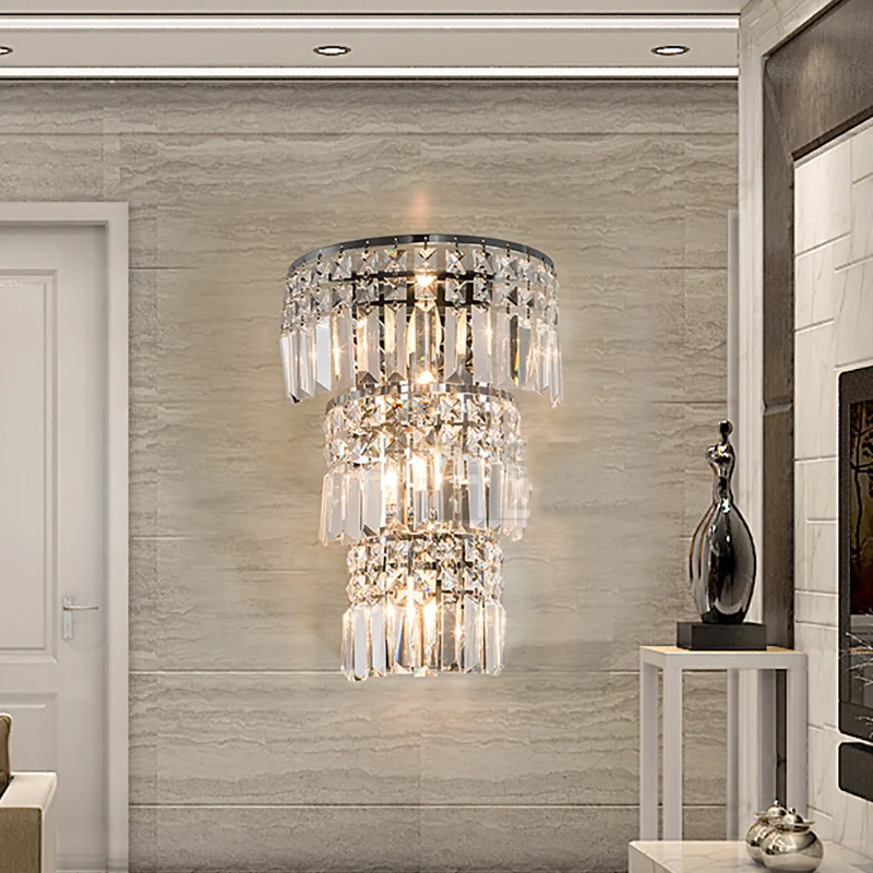 Gelaagde wandverlichtingsarmatuur, vintage stijl, helder kristal, 3 lampen, verchroomde wandkandelaar voor de gang Clearhalo