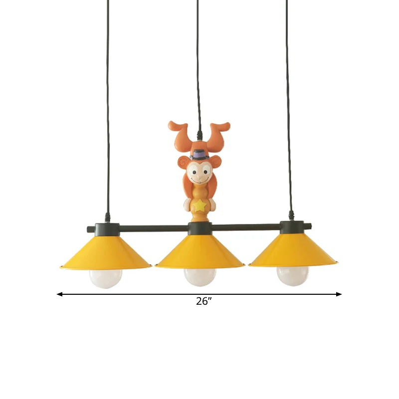Gele Cone Island-lamp Cartoon 3-koppige metalen hanglamp met aapdecoratie Clearhalo