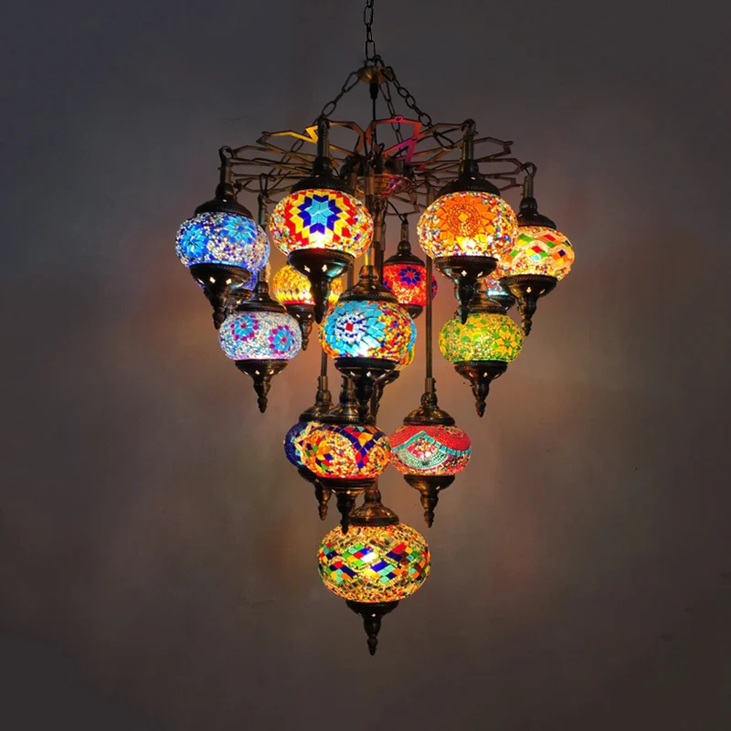 Gele ovale hangende kroonluchter Vintage glas--lood 16 hoofden woonkamer hanglampset Clearhalo
