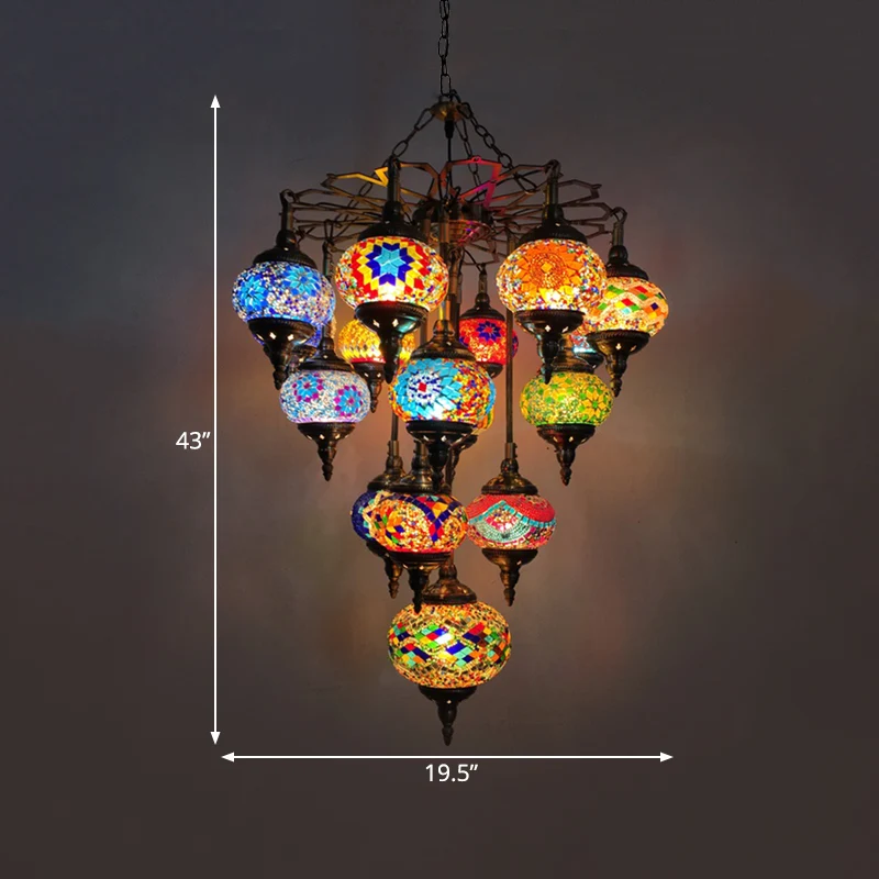 Gele ovale hangende kroonluchter Vintage glas--lood 16 hoofden woonkamer hanglampset Clearhalo