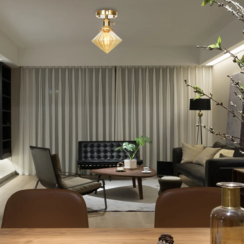 Gem Shade Woonkamer Semi-Flush Industrieel Prismatisch Glas Eén Licht Helder/Amber Lamping Clearhalo