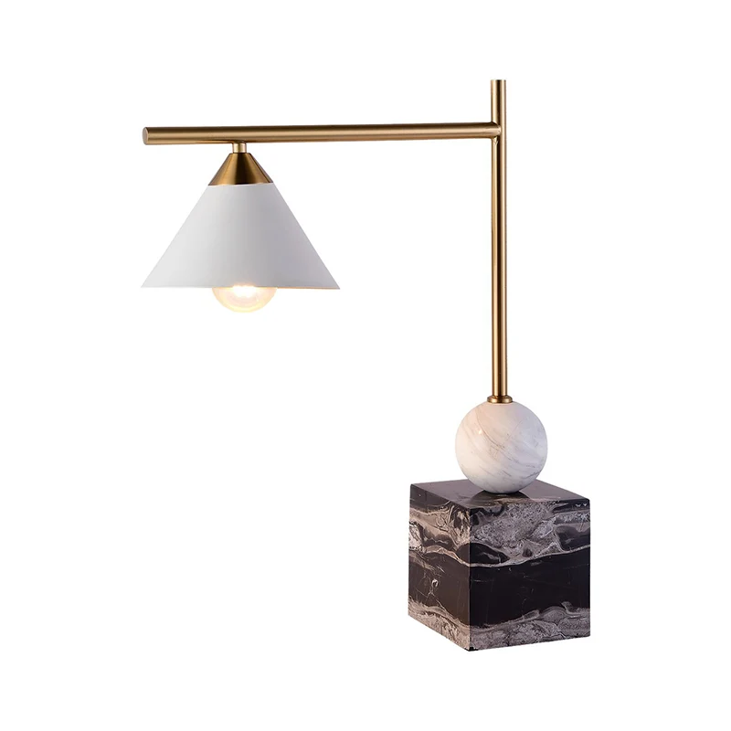 Geometrisch gevormd nachtkastje licht Mid Century marmeren 1-lichts slaapkamer tafellamp zwart-wit-messing Clearhalo