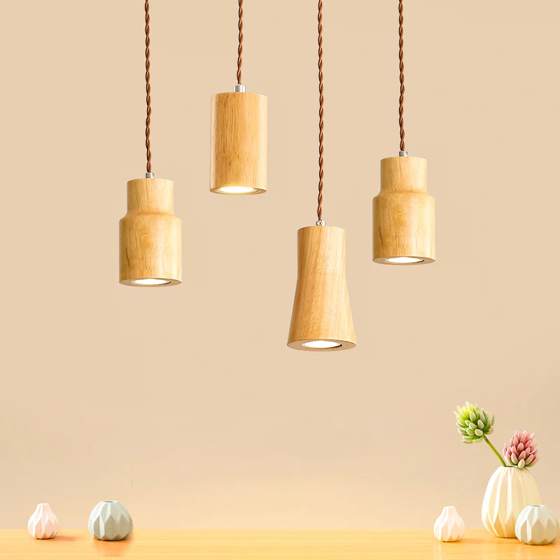 Geometrisch gevormde plafondhanger Eenvoudige houten LED-keukenophanglamp beige Clearhalo
