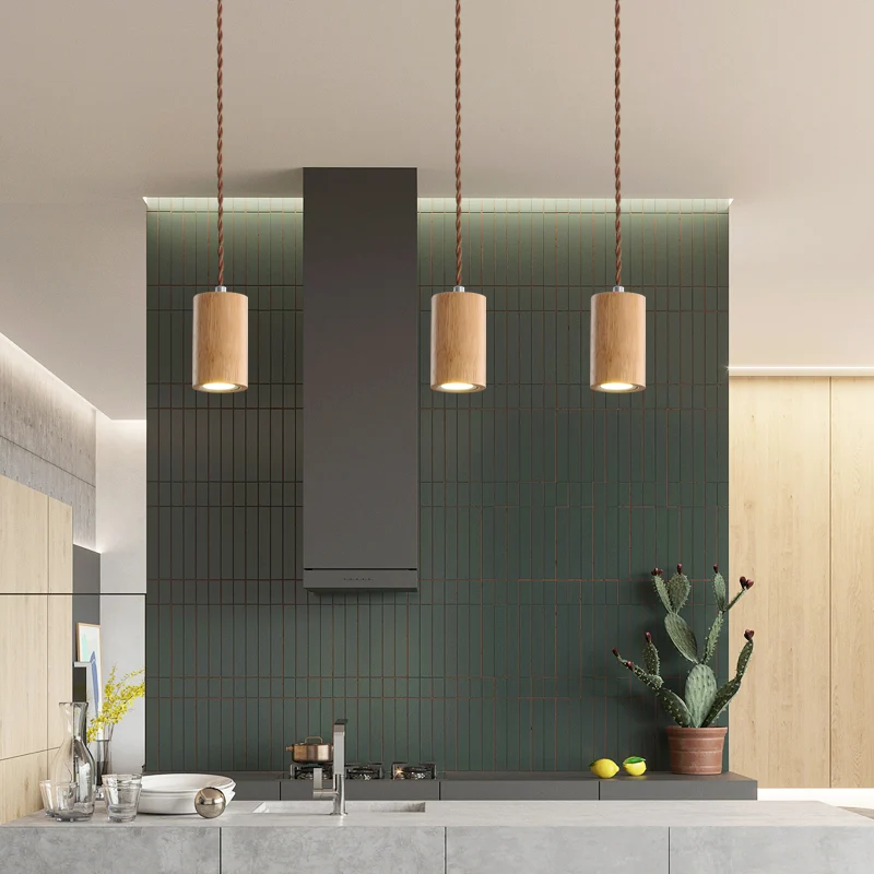 Geometrisch gevormde plafondhanger Eenvoudige houten LED-keukenophanglamp beige Clearhalo