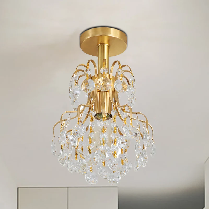 Geometrische halfverzonken plafondlamp met koperen afwerking, eigentijds metaal en kristal, 1-lichts plafondlamp Clearhalo