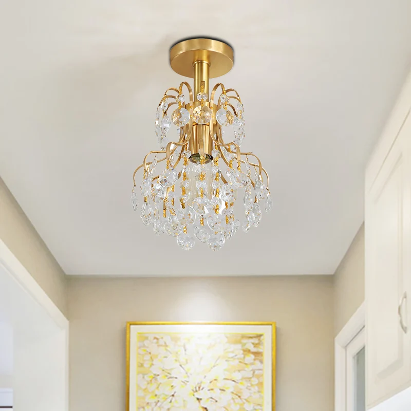Geometrische halfverzonken plafondlamp met koperen afwerking, eigentijds metaal en kristal, 1-lichts plafondlamp Clearhalo