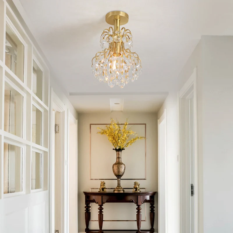 Geometrische halfverzonken plafondlamp met koperen afwerking, eigentijds metaal en kristal, 1-lichts plafondlamp Clearhalo