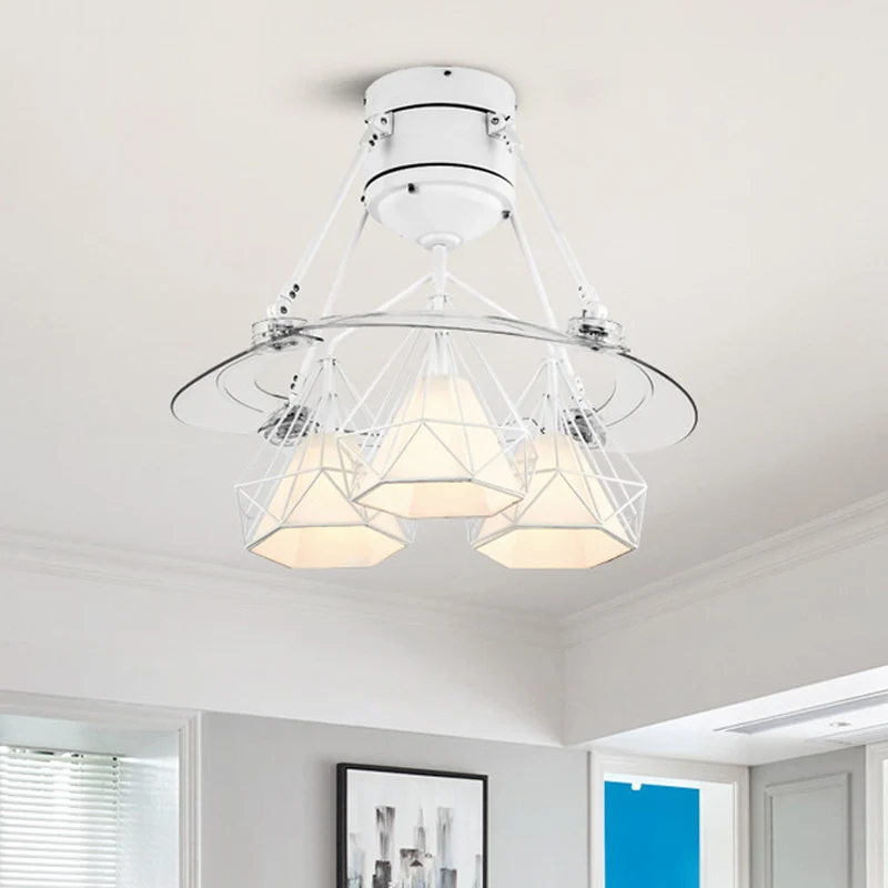 Geometrische metalen semi-inbouwverlichting, hedendaagse witte hangende ventilatorlamp, 48" breed Clearhalo
