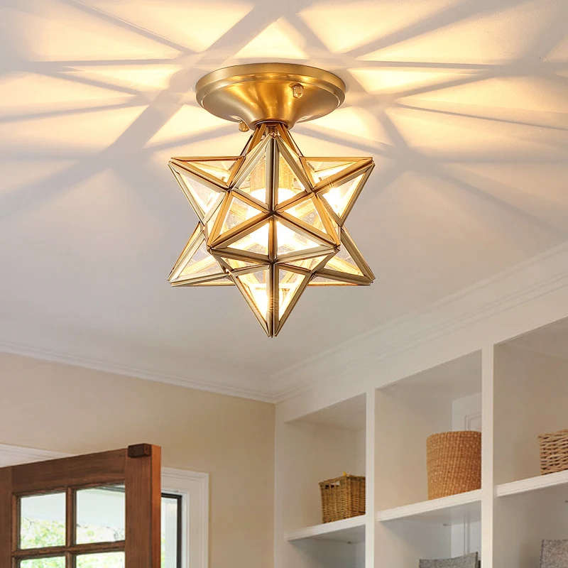 Geometrische plafondlamp koloniale stijl, 1 lamp, transparant glas, semi-inbouwlamp messing Clearhalo