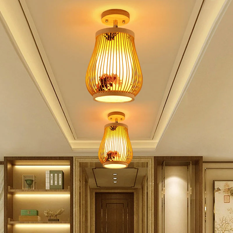 Geometrische semi-inbouwlamp Aziatische bamboe plafondinbouwlamp met één gangpad hout Clearhalo