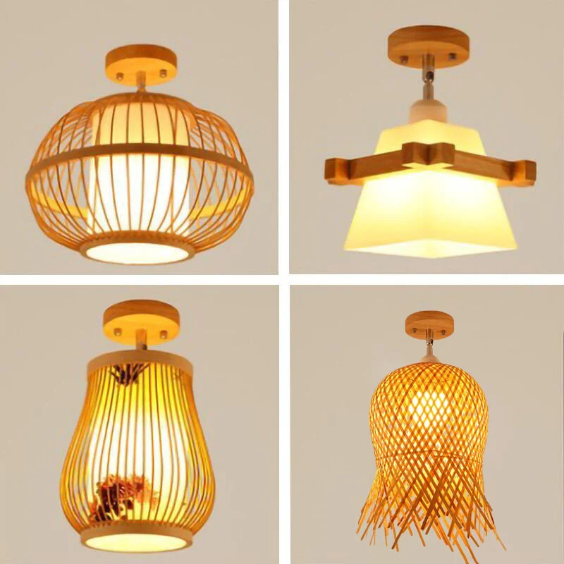 Geometrische semi-inbouwlamp Aziatische bamboe plafondinbouwlamp met één gangpad hout Clearhalo