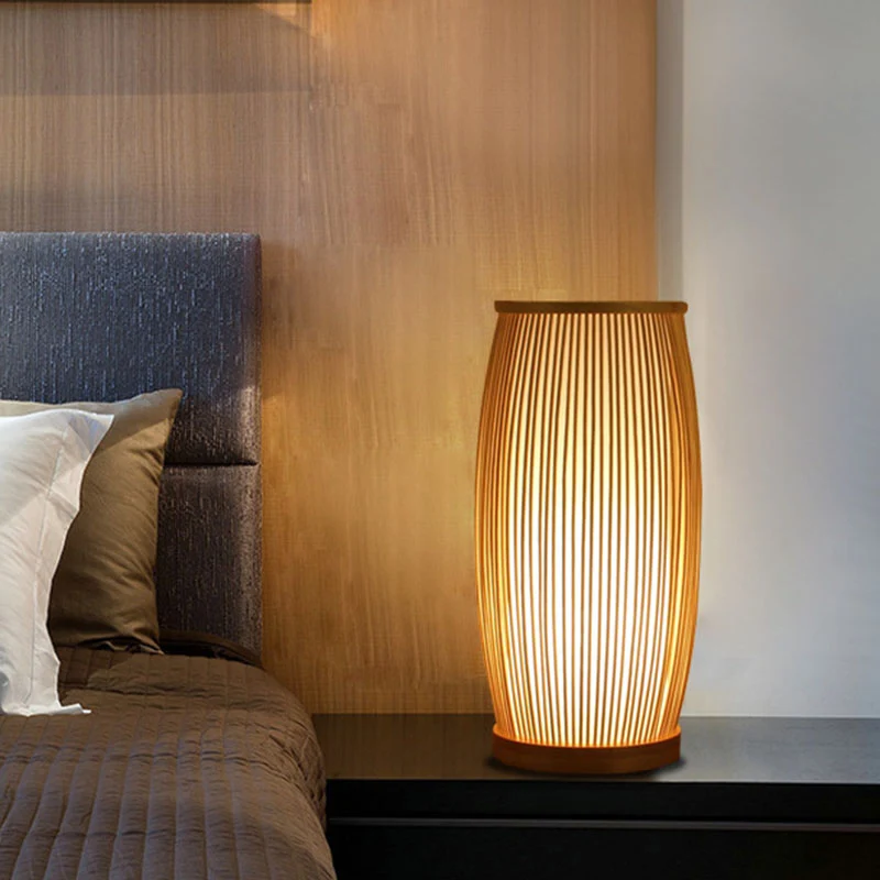 Geometrische vorm bamboe nachtlamp Aziatische houten tafellamp met één lamp voor slaapkamer Clearhalo