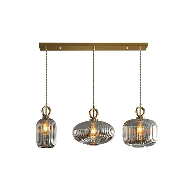 Geometrische vorm multi-licht hanglamp modern geribbeld glas 3 lampen messing afwerking hanglamp Clearhalo
