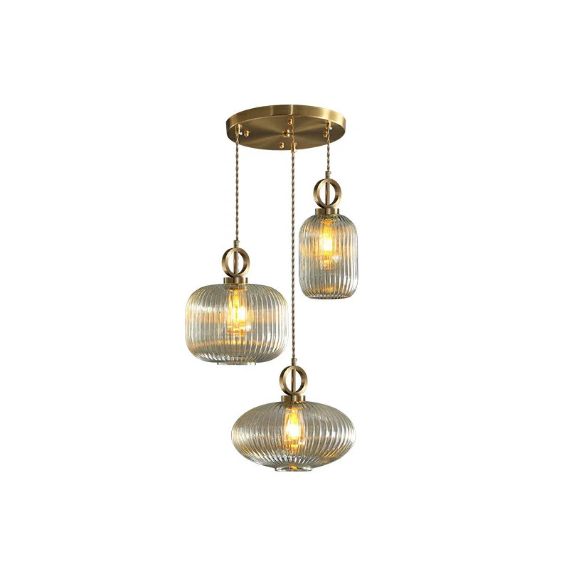 Geometrische vorm multi-licht hanglamp modern geribbeld glas 3 lampen messing afwerking hanglamp Clearhalo
