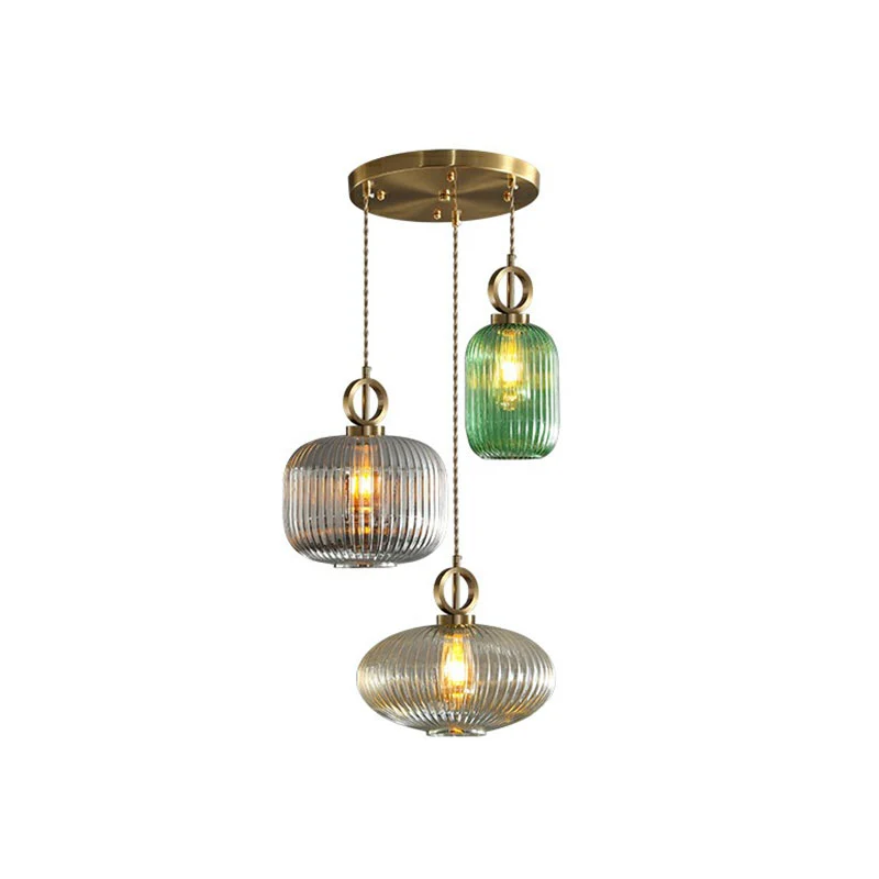 Geometrische vorm multi-licht hanglamp modern geribbeld glas 3 lampen messing afwerking hanglamp Clearhalo