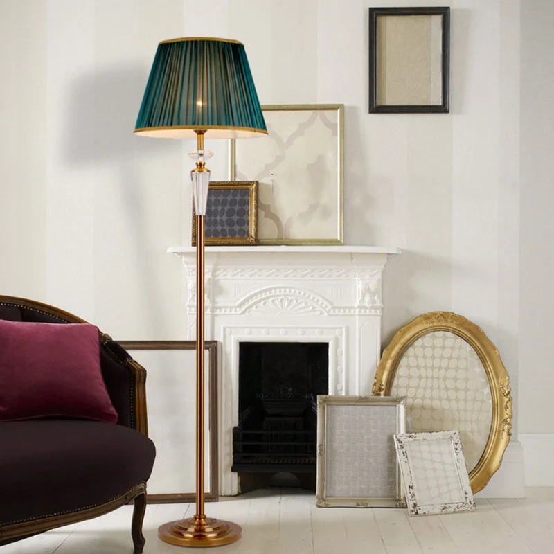 Geplooide kap Stoffen vloerlamp Minimalisme 1-lichts Living Rom staande lamp groen met kristallen accent Clearhalo
