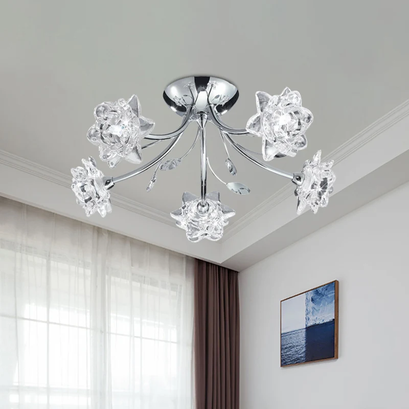 Gepolijst chroom 5-koppige semi-inbouw moderne, stijlvolle kristallen bloembloesem plafondmontage kroonluchter Clearhalo