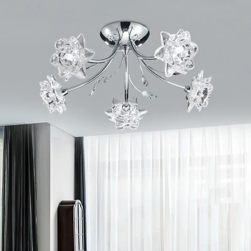 Gepolijst chroom 5-koppige semi-inbouw moderne, stijlvolle kristallen bloembloesem plafondmontage kroonluchter Clearhalo