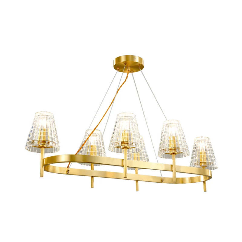 Gerasterde kristallen conische eilandlamp Traditionele 6-lampen eetkamer hanglamp goud Clearhalo