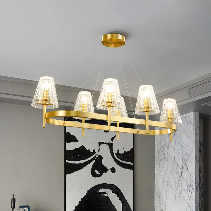 Gerasterde kristallen conische eilandlamp Traditionele 6-lampen eetkamer hanglamp goud Clearhalo