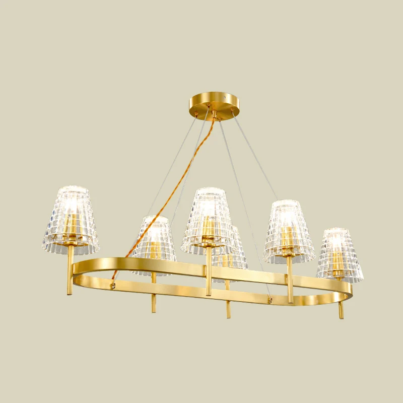 Gerasterde kristallen conische eilandlamp Traditionele 6-lampen eetkamer hanglamp goud Clearhalo