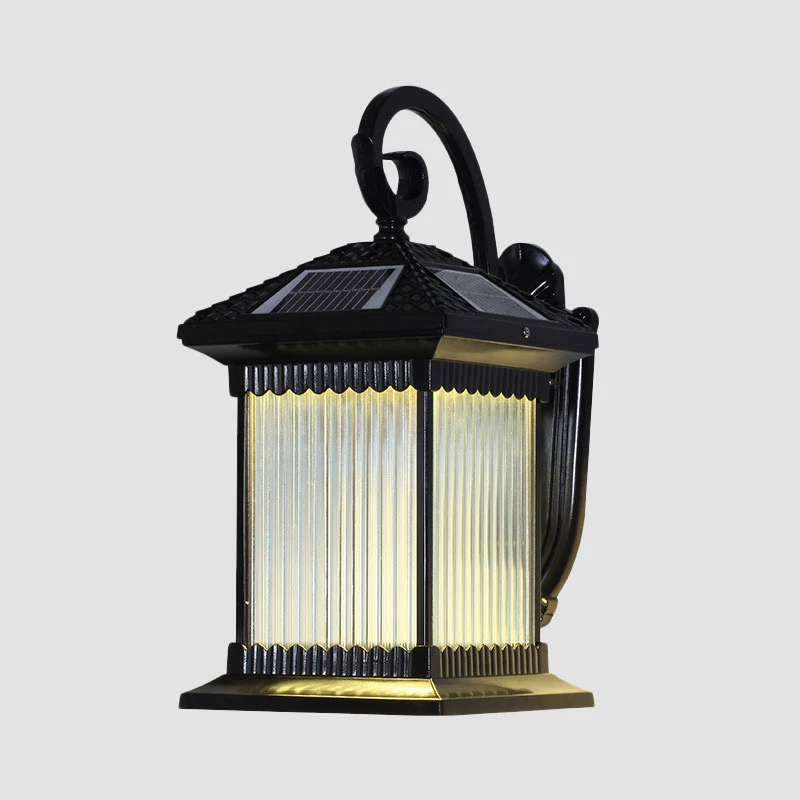 Geribbeld glas vierkant zonne-energie wandmontage licht retro buiten LED-wandverlichting zwart Clearhalo