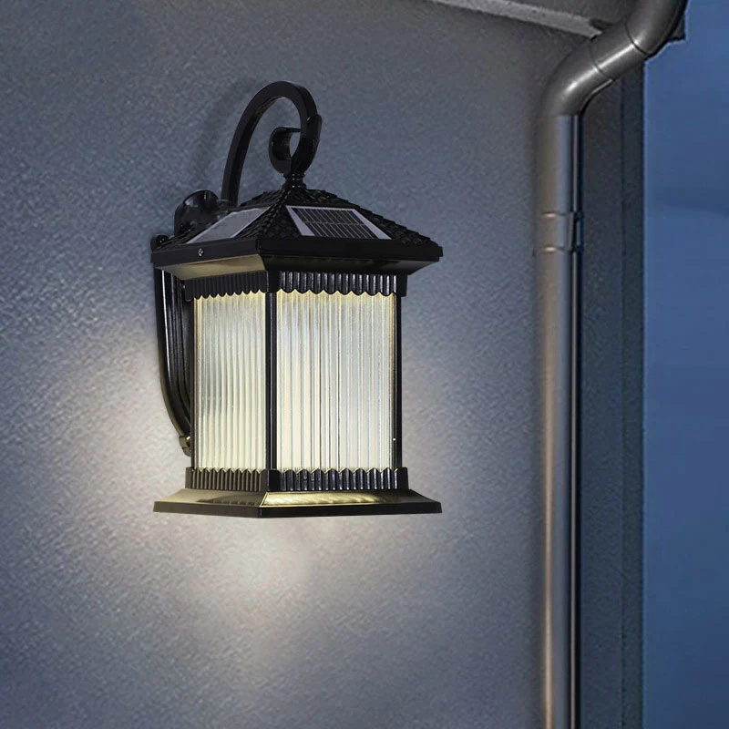 Geribbeld glas vierkant zonne-energie wandmontage licht retro buiten LED-wandverlichting zwart Clearhalo