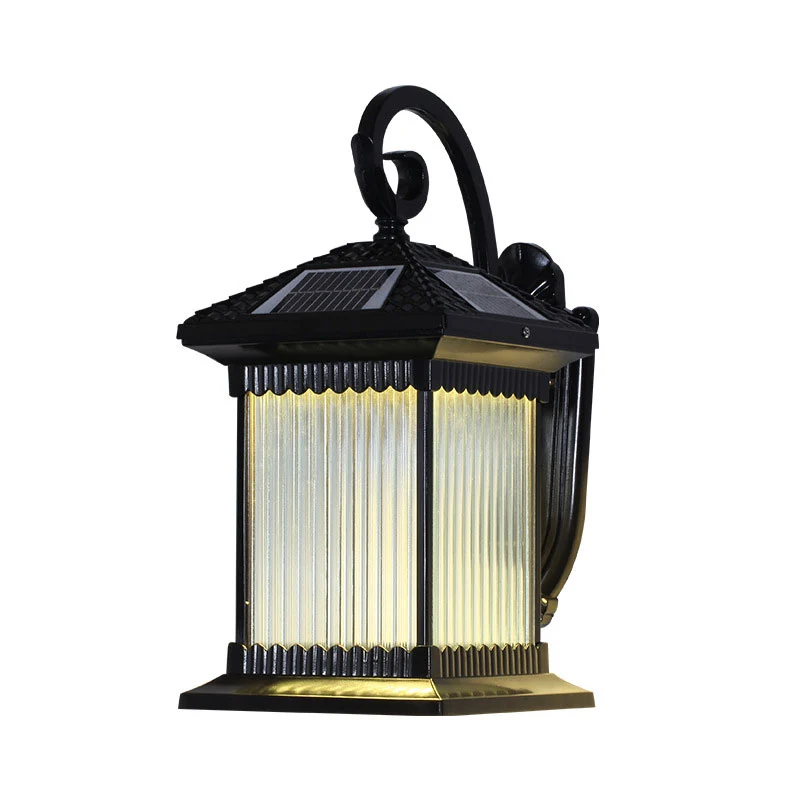 Geribbeld glas vierkant zonne-energie wandmontage licht retro buiten LED-wandverlichting zwart Clearhalo
