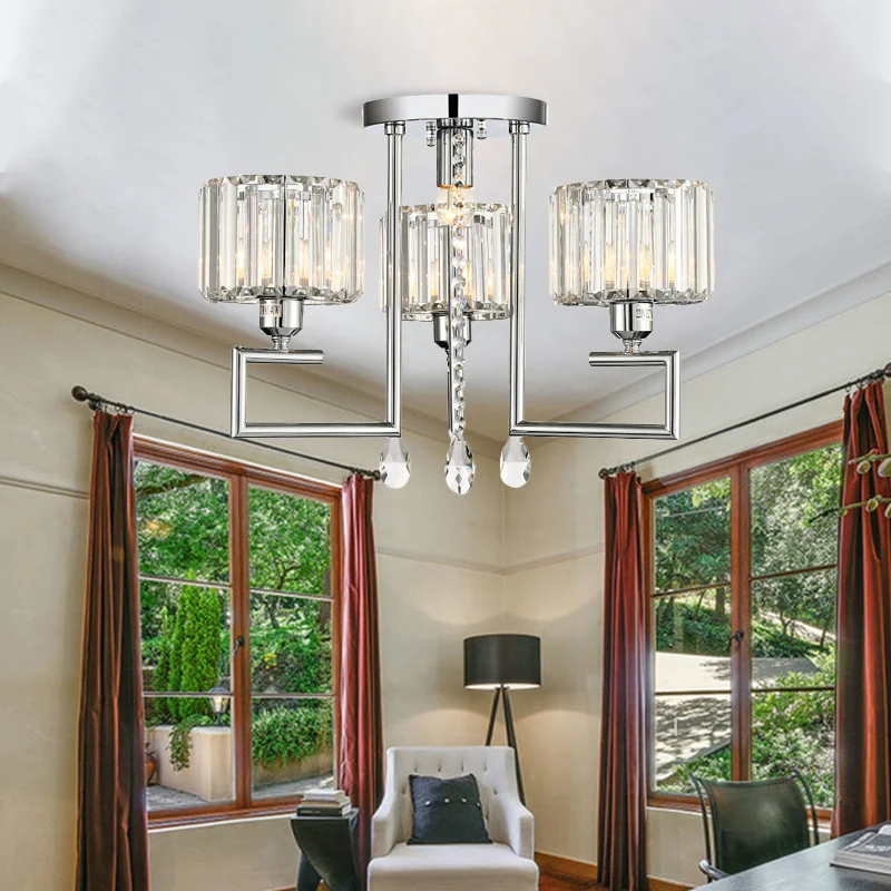 Geribbelde kristallen trommel-inbouwplafondlamp Moderne 4/6-lichts zilveren semi-inbouwlamp met scrollframe Clearhalo