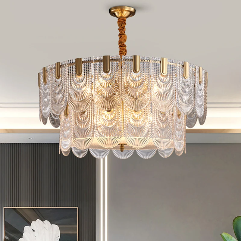 Geschulpte kroonluchter verlichting post-postmodern rimpelglas gouden hanglamp voor woonkamer Clearhalo