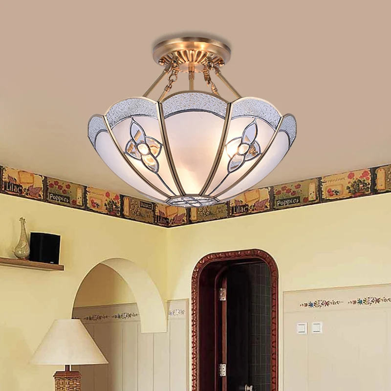 Geschulpte slaapkamer semi-inbouw antiek metaal 4 lampen messing plafondverlichting met gebogen matglazen kap Clearhalo