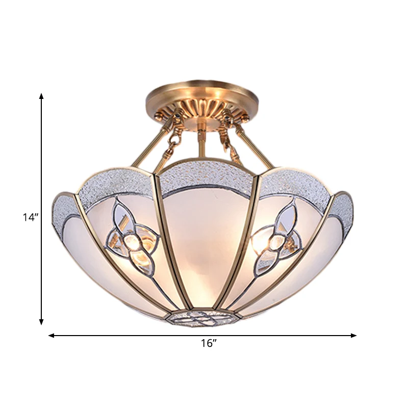 Geschulpte slaapkamer semi-inbouw antiek metaal 4 lampen messing plafondverlichting met gebogen matglazen kap Clearhalo